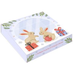 Коробка на 16 конфет с окошком "Кролики" 16х16х3 см КУ-610