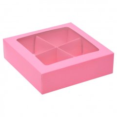 Коробка на 4 конфеты с окном розовая 12,6х12,6х3,5 см КУ-220 