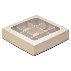 Коробка на 9 конфет с окном крафт 16,5х16,5х3 см 