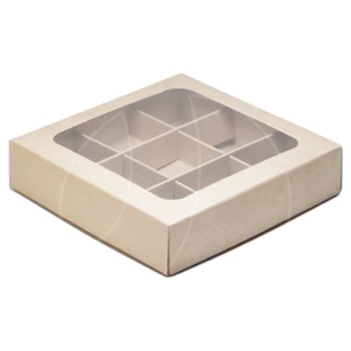 Коробка на 9 конфет с окном крафт 16,5х16,5х3 см 