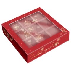 Коробка на 9 конфет с окном "Золотая гирлянда" 13,8х13,8х3,8 см КУ-00735    КУ-735