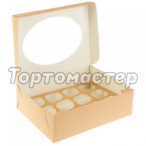 Коробка на 12 капкейков с окошком Белая/Крафт 25 шт